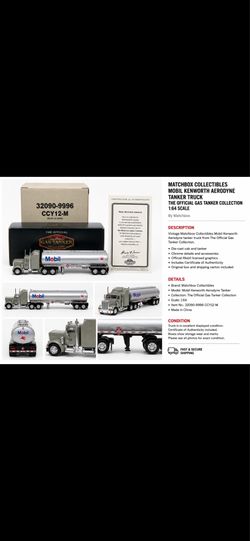 Matchbox Collectibles Mobil Kenworth Aerodyne Tanker Truck w/ COA & Box 1:64