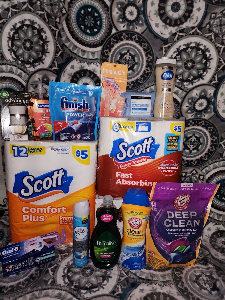 bundle arm and hammer pods & booster, glade, airwick, Palmolive, softsoap, dial, razors, neutrogena, crest and oral b