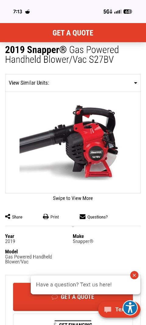 New SNAPPER S27BV 27CC 450CFM HANDBLOWER/VAC