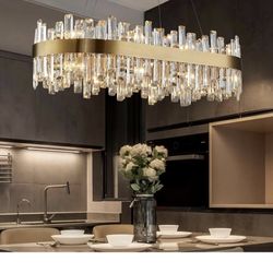 Siljoy Modern Crystal Chandelier 16-Light Luxury Gold Rectangle K9 Crystal Raindrop Chandelier Dimmable Oval Crystal Ceiling Light for Dining Room Liv