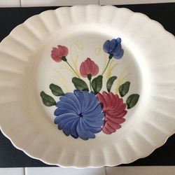 Hand Decorated Oval Serving Platter Tray Blue Red Floral Design