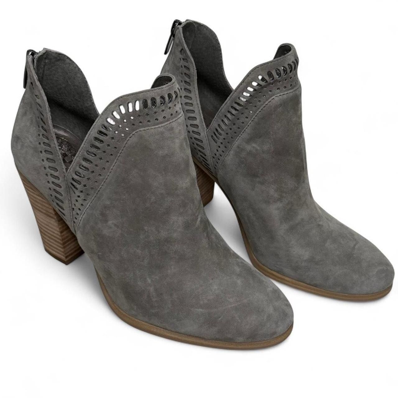 Vince Camuto “Fileana” Split Shaft Suede Ankle Heel Booties in Gray
