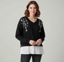 New Women’s Black Rhinestone Embellish Sweater Calligraphy Size M