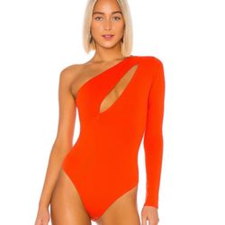 NBD Aaliyah Bodysuit  Red Orange Revolve One Shoulder Long Sleeve Cut Out size Large