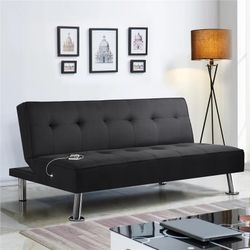Modern Fabric Convertible Futon with USB, Black