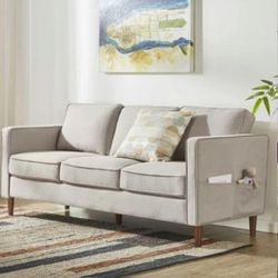 Mellow HANA Modern Linen Fabric Loveseat/Sofa/Couch with Armrest Pockets, Sand Grey