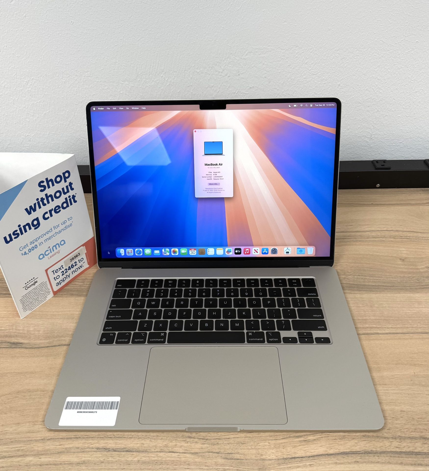 15" MacBook Air M3 8 Core*Apple Care Plus Warranty till 2027