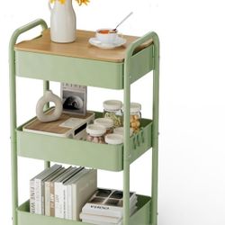 3 Tier Rolling Cart with Table top, Metal Rolling Utility Cart, Sturdy Storage Organizer Cart with Locking Wheels & Hooks for Office, Classroom, Kitch
