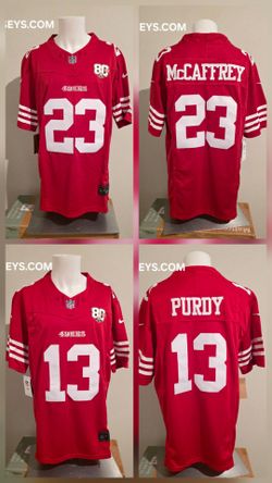 San Francisco 49ers Jerseys w/80Years Patch...McCaffrey, Purdy,  Evans, Kittle and Warner
