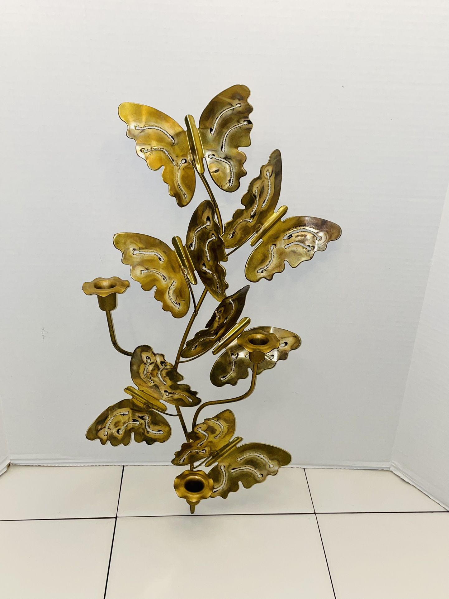 Vintage 1970’s Brass Butterfly & Rose Flower Candle Holder Wall Sconce Decor