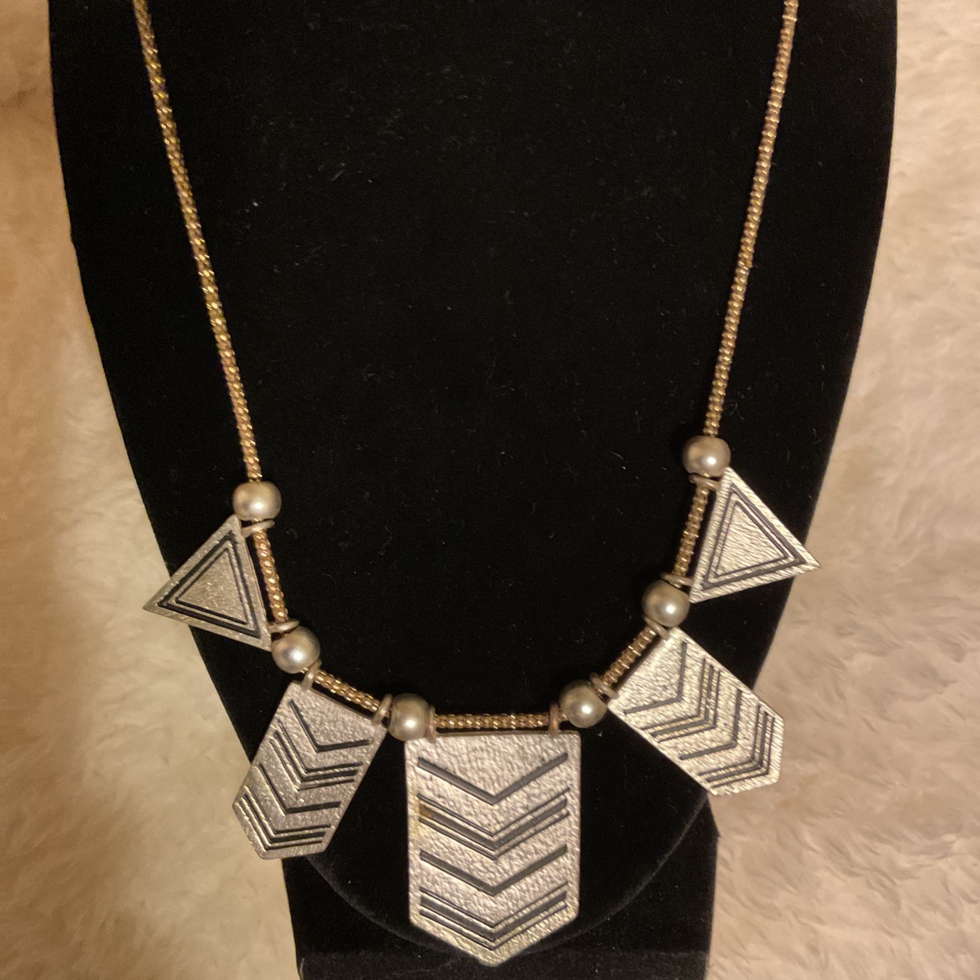 Vintage Goldtone Necklace With Silver Triangular Shaped Pendants