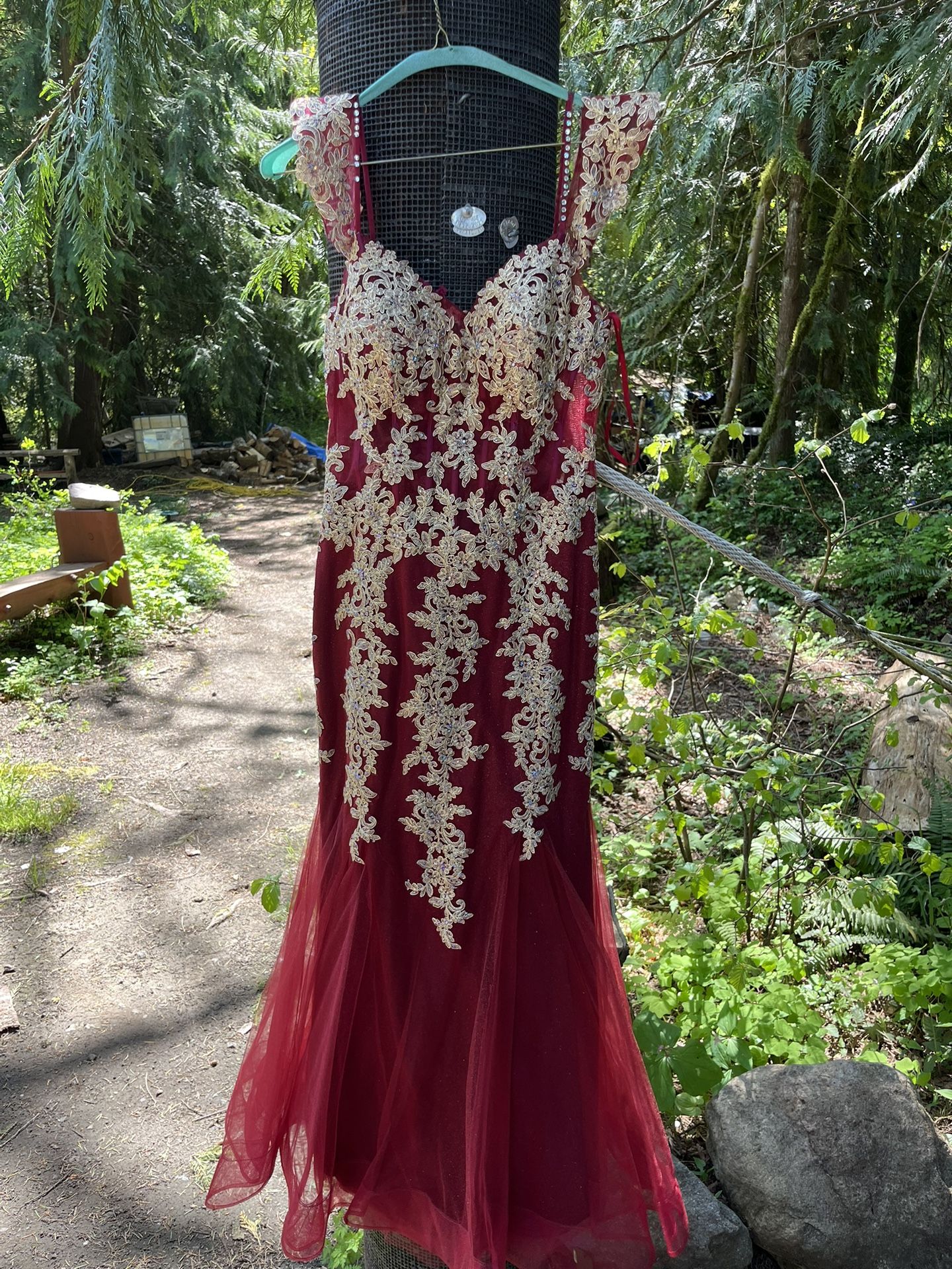 Embroidered Formal Dress- Burgundy With Hold Detailing