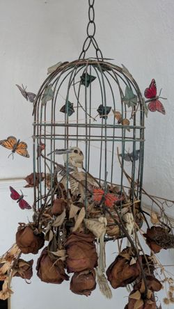 Gothic Antique Birdcage Skeleton Butterfly Floral Art Piece