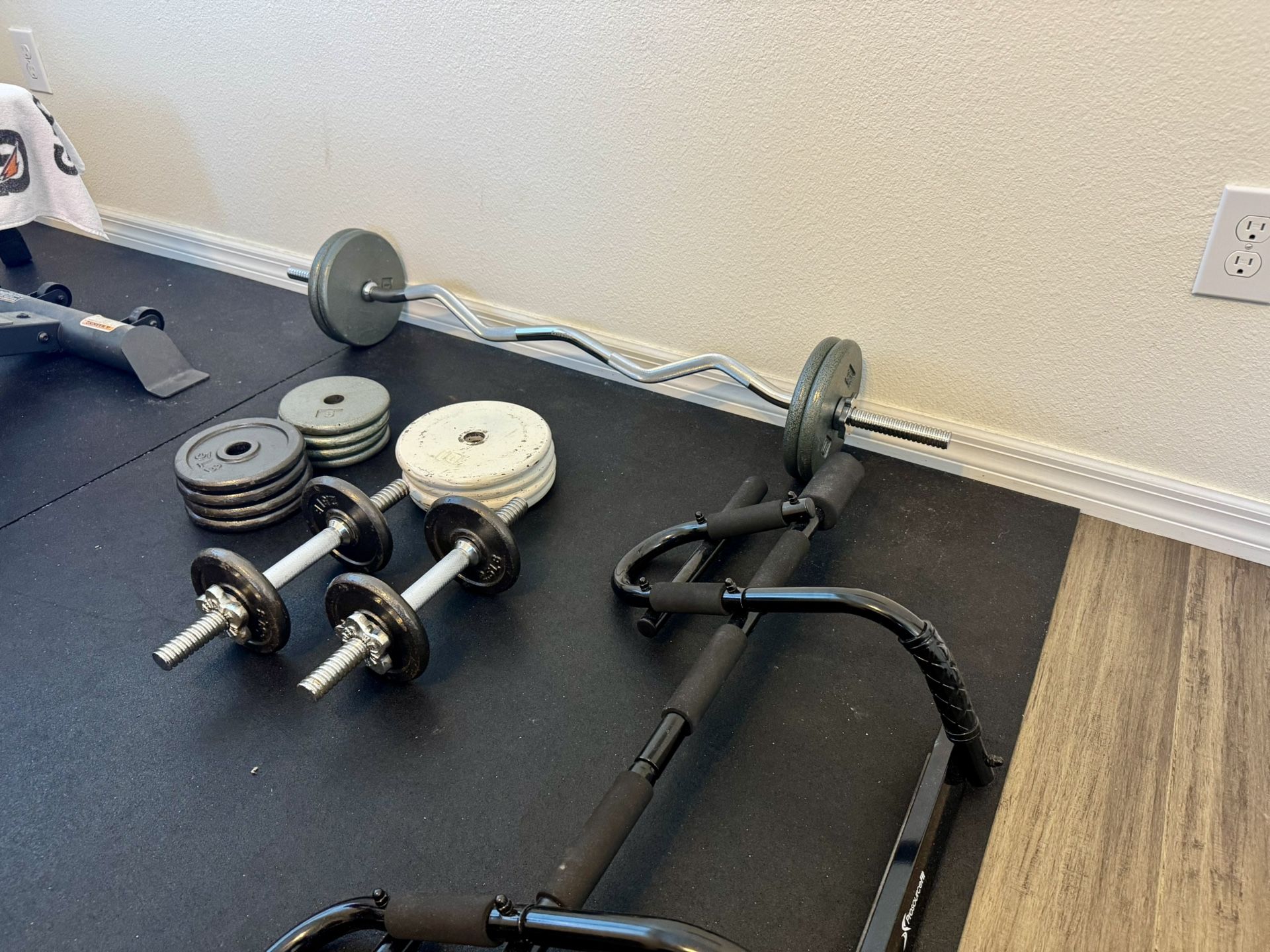 Weights with EZ curl bar and dumbbells