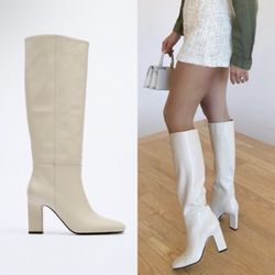 Zara knee high leather boots white cream blogger byfar toteme khaite the row