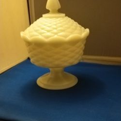 Vintage White Milk Glass Quilted Diamond Weave Pedestal Covered With Lid Compote can.ndy dish