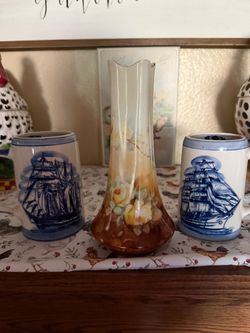 Antique Hand-Painted Porcelain Floral Vase & 2 Antique Royal Delft Porcelain Ship Mugs