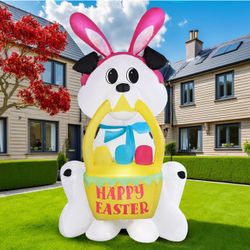 4FT Easter Inflatables Dog Outdoor Decoration, Bright Dog with Bunny Hat Holding Basket Easter Inflatable Built in LED Lights Yard Blow Up Gifts Great