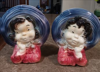 Rare Vintage Royal Copley Dark haired girl big hat w/ boy also 1cost $48 I have set of 2 for $50 - 71/2 tall 7" wide ceramic gloss finish circa: 1950