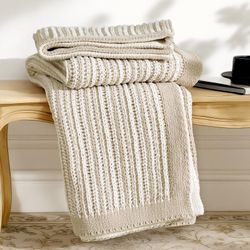 Amélie Home 50”x60” Dual-Sided Striped Knit Throw Blanket, Khaki & White, NEW