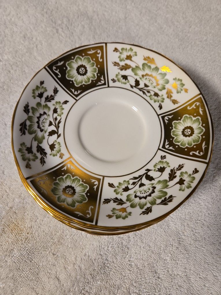 Royal Crown Derby English Bone China Green Derby Panel Breakfast Saucers 6 Piece Lot