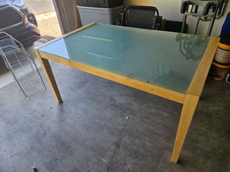 Light Wooden Dining Table with Frosted Glass Top