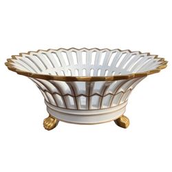 Vintage Ceramic Porcelain Reticulated Lattice Gold Gilt Trim Lion Paw Footed Centerpiece Basket Corbeille Bowl Made In Portugal