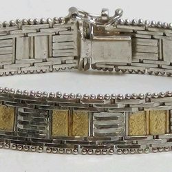 Vtg Sterling Silver 925 Two Tone ITALY Basketweave Link Bracelet  7.25"   22.9g