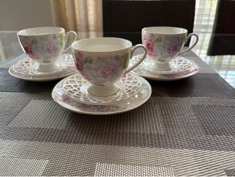 Lefard England Collection Rose Porcelain Tea Cup Trio Set | Pierced Reticulated Saucer