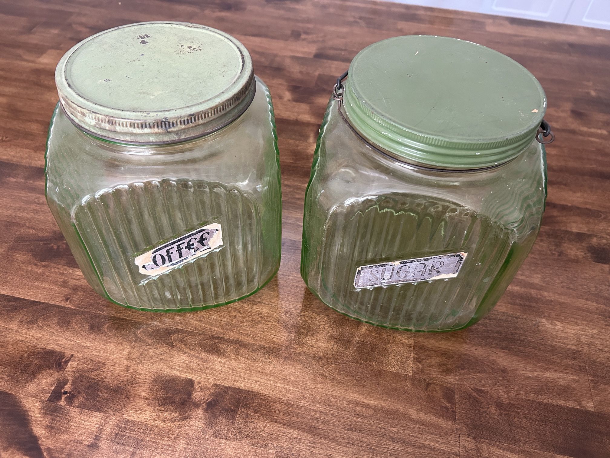 Vintage Anchor Hocking Ribbed Green Uranium Depression Glass Canisters, set of 2