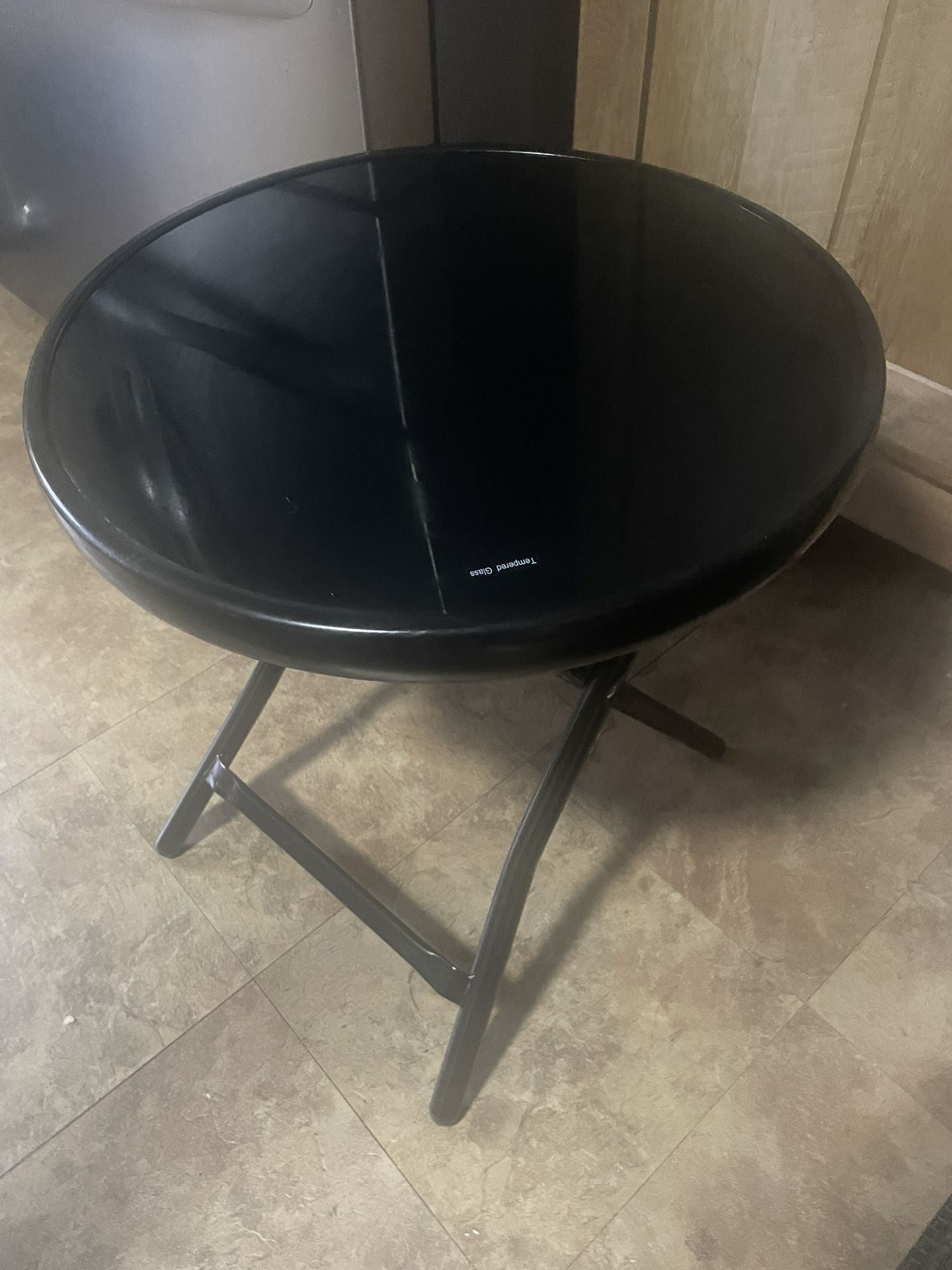 Small Black Glass Folding Side Table 18” W x 19” H good for outdoor as well