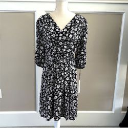 Calvin Klein Black & White Floral Faux Wrap Dress - Size 12