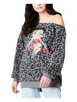 Women’s Betty Boop Leopard Print Sweater Gray & Black Off Shoulder Size Medium