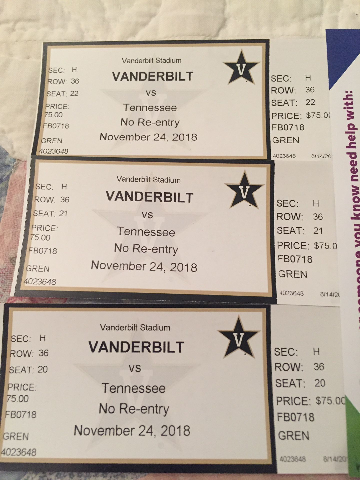 3 Vanderbilt vs UT tickets