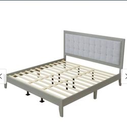 New Queen Bed Frame Complete W/ Headboard , Must See ,  Solid Wood Platform, Mid Century Tufted Headboard, Grey , New In Box $250