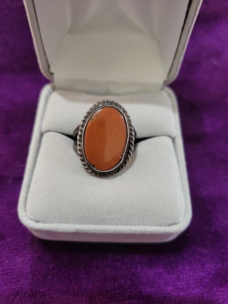 Coral /Silver Carbochon Ring