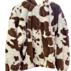Like New Shane Fuzzy Brown And White Cow Print Coat Zip Up With Hoodie Size Large