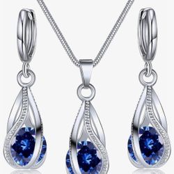 Beautiful Simulation Sapphire Necklace And Earrings Silver Gift