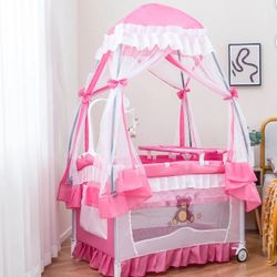 Pink Baby Playpen With Canopy