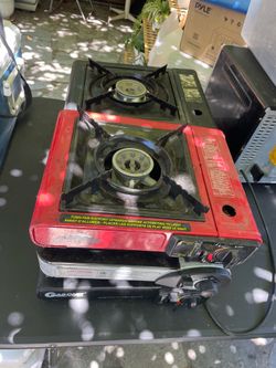 Camping burners, oven, umbrella and coolers