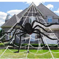 50" Giant Spider Decorations,200" Halloween Spider Web Decor Outdoor,Scary Fake Spider and Huge Spider Webs Halloween Decorations for Home Party Yard 