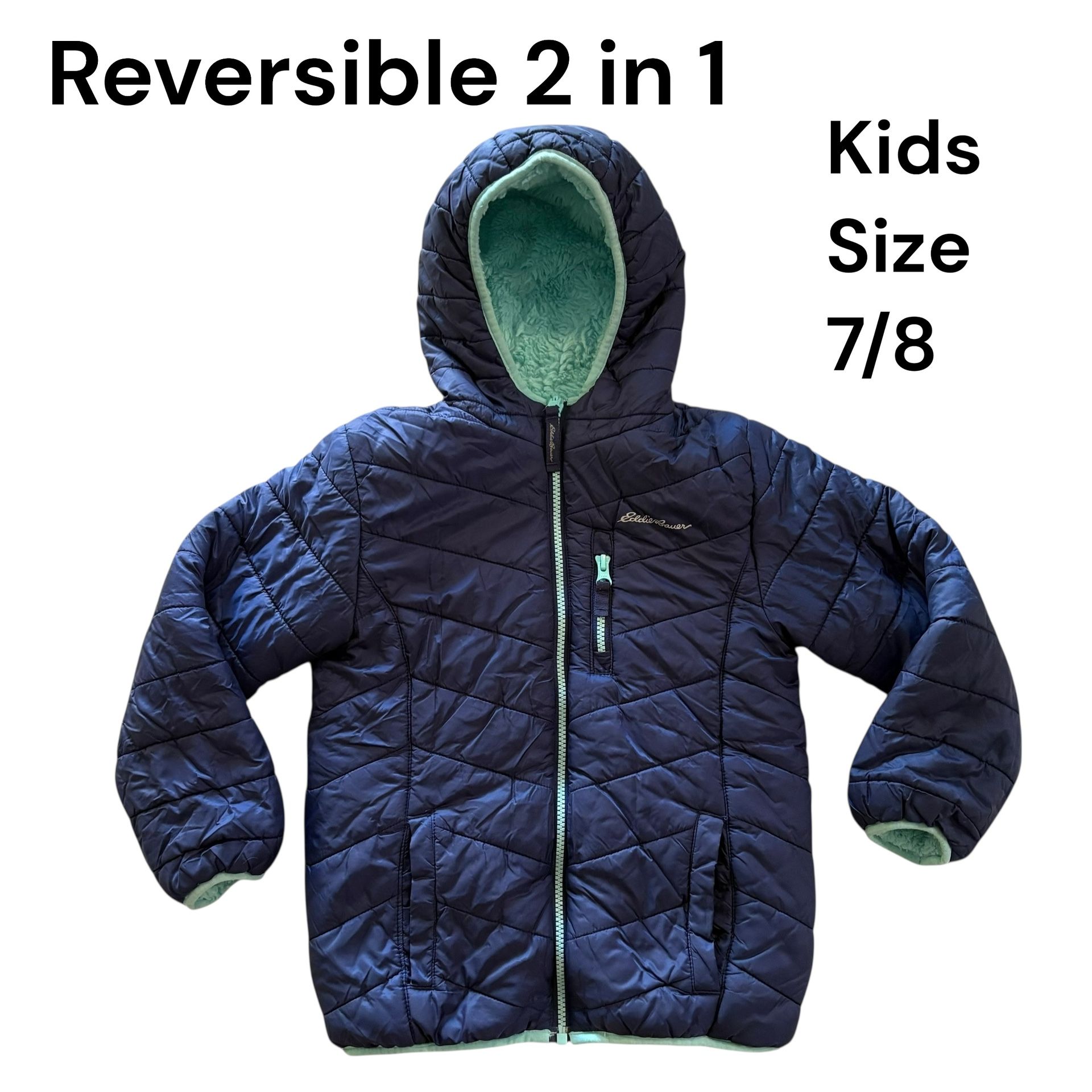 Kids Size 7/8 Reversible Puffer Fleece Jacket School Uniform Navy Blue