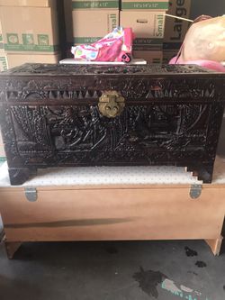 Circa World War II hand carved Japanese wood chest