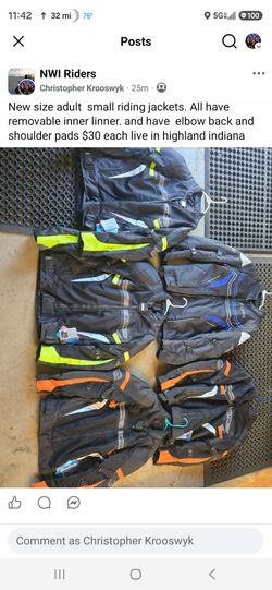 New size adult small riding jackets. All have removable inner linner. and have elbow back and shoulder pads $25 each or all 5 for $100