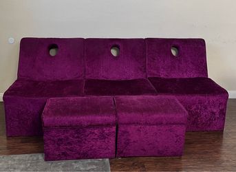 Purple Velvet Sofa with Two Ottomans