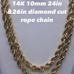 14K 10mm full size 24in & 26in diamond cut rope chain. brand new re-stock.