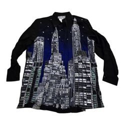 Vintage Diane Gilman 100% Silk Blouse City Night Life Skyline NYC Women SZ M