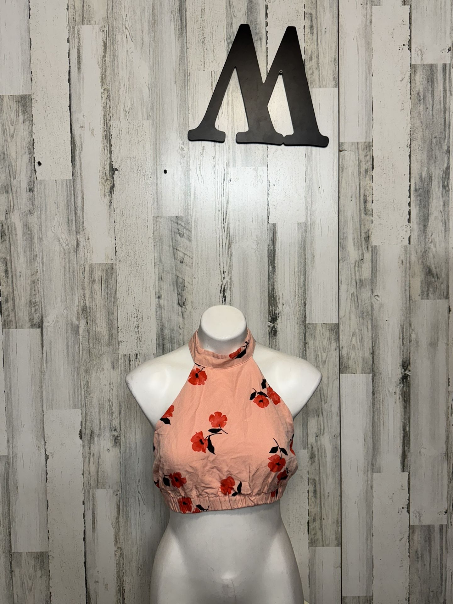ZARA Floral Linen Blend Backless Halter Crop Top Size Medium