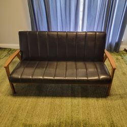 Mid-century Modern Scandinavian Style Black Faux Leather Wooden 3-Seater Sofa