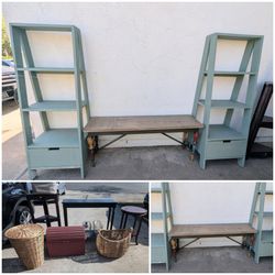 Super cute Multi color bench $50. 
2 sage color leaning shelves with 1 storage drawer in the bottom $50. Ea shelves are solid wood heavy.. pick up is 